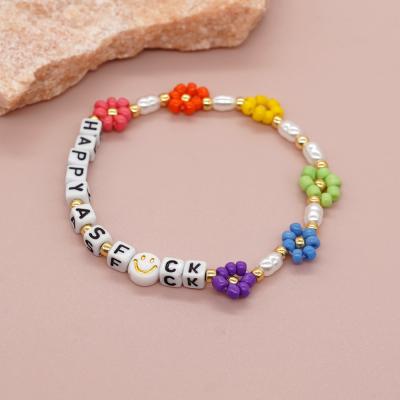 Ethnic Style Square Letter Beaded Smiley Face Hand-Woven Daisy Fowers Pearl Beaded Bracelet