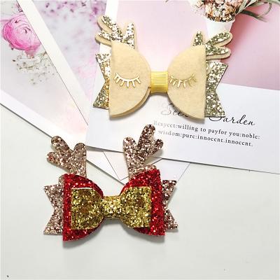 Shiny Christmas Bow Elk Bow Girl Baby Wrap Cloth Clip Bow Tie Bow Girl Hair Barrette